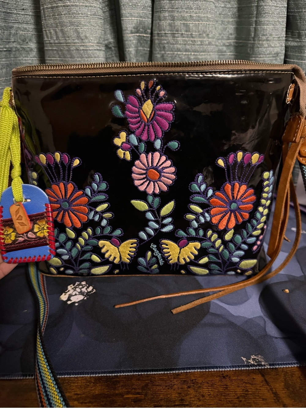 Consuela Black Floral Embroidered Patent Crossbody with Multicolor Accents